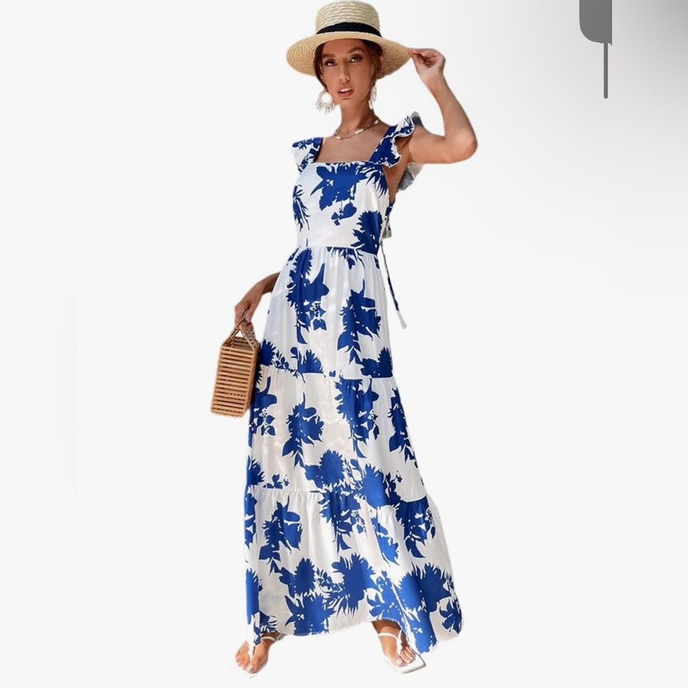 Blue & white square neck maxi dress. - Picture 6 of 7